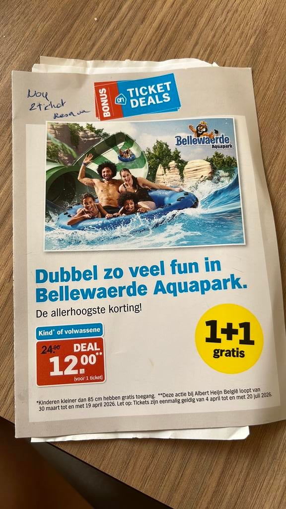 Tickets Aqua Bellewaerde, Eén persoon, Ticket of Toegangskaart