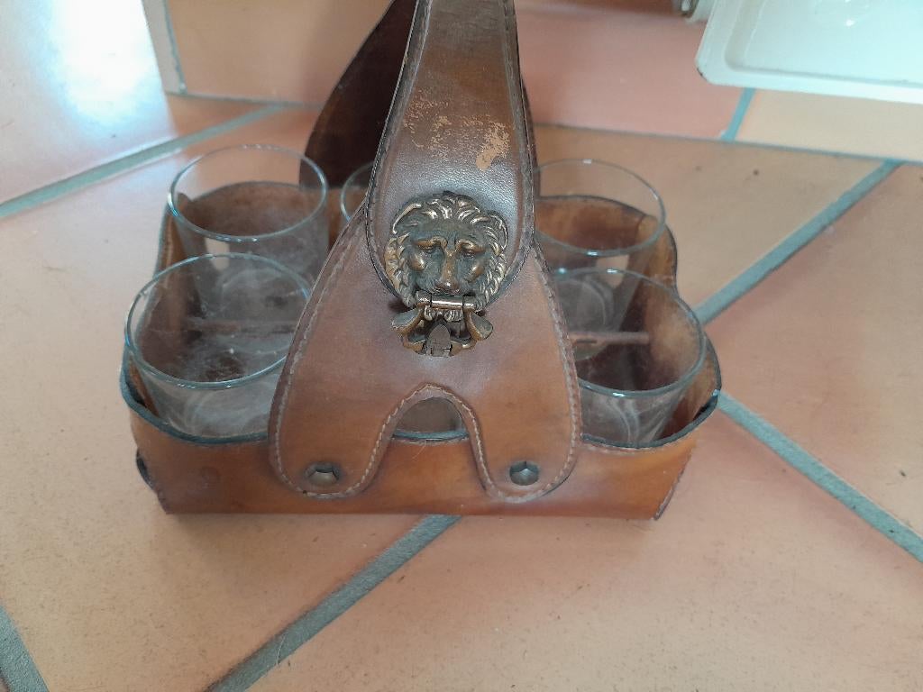 glazenset in lederen korf vintage, Antiek en Kunst, Ophalen of Verzenden