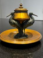 Art Nouveau desktop inkwell inktpot 3 reigers, brons & koper, Antiek en Kunst, Ophalen of Verzenden, Brons