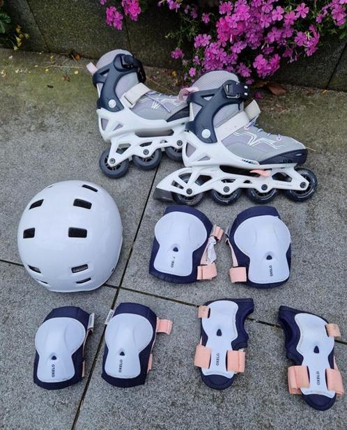 Oxelo skeelers , verstelbaar schoenmaat 32 – 35 , met besche, Sport en Fitness, Skeelers, Gebruikt, Bescherming, Kinderen, Verstelbaar