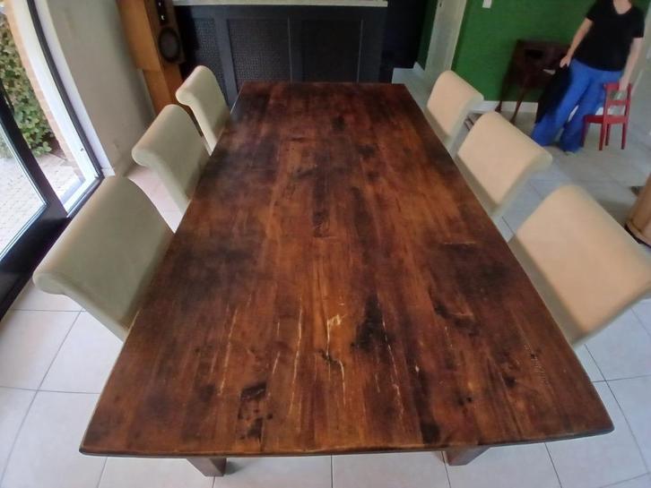 Teakhouten eettafel  220cm lang met 6 lederen stoelen, Huis en Inrichting, Tafels | Eettafels, Gebruikt, 100 tot 150 cm, 200 cm of meer