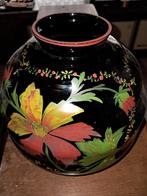 Retro vaas met bloemen, zwart glas. H30cm., Antiek en Kunst, Ophalen