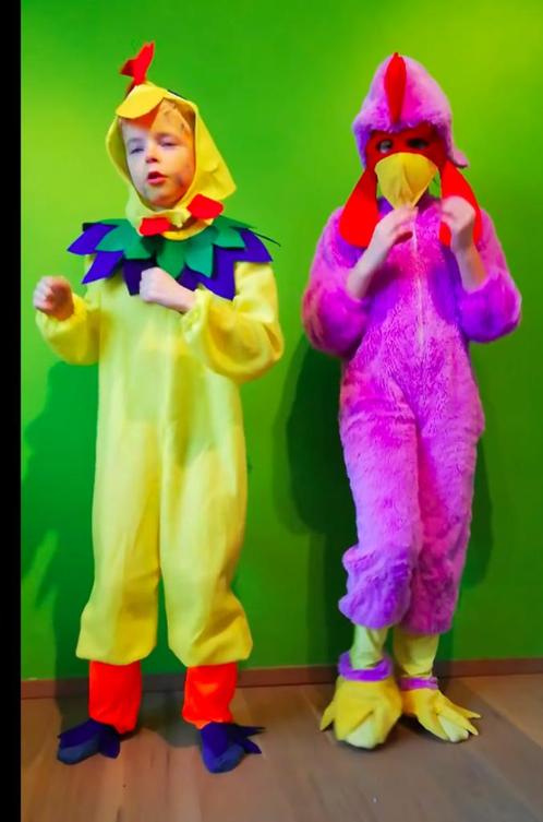 Carnavalskostuum roze/paarse kip of gele haan, Kinderen en Baby's, Carnavalskleding en Verkleedspullen, Zo goed als nieuw, Ophalen