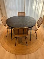 Ronde houten eettafel + 4 stoelen + jute mat, Huis en Inrichting, Ophalen, Rond, Nieuw, Vijf personen of meer