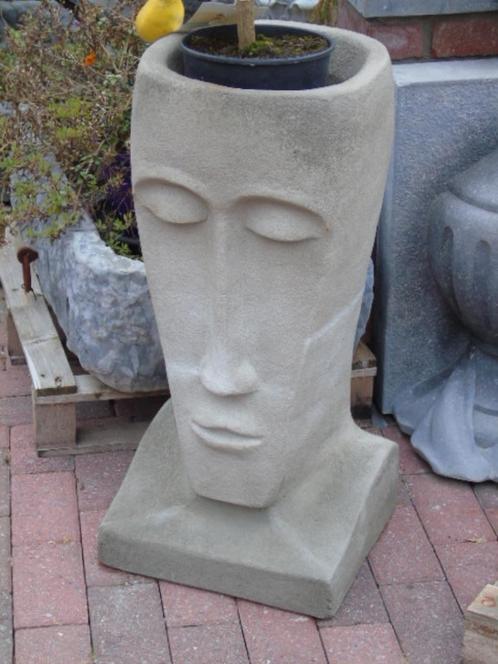 Kop- of gezichtsplantpot in gele of grijze steen, uitverkoch, Tuin en Terras, Bloempotten, Zo goed als nieuw, Steen, Tuin, 70 cm of meer