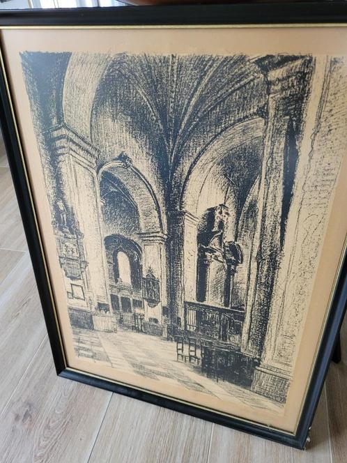 Dessin de Marcel Collet intérieur de l'église de NIvelles, Antiquités & Art, Art | Dessins & Photographie, Enlèvement