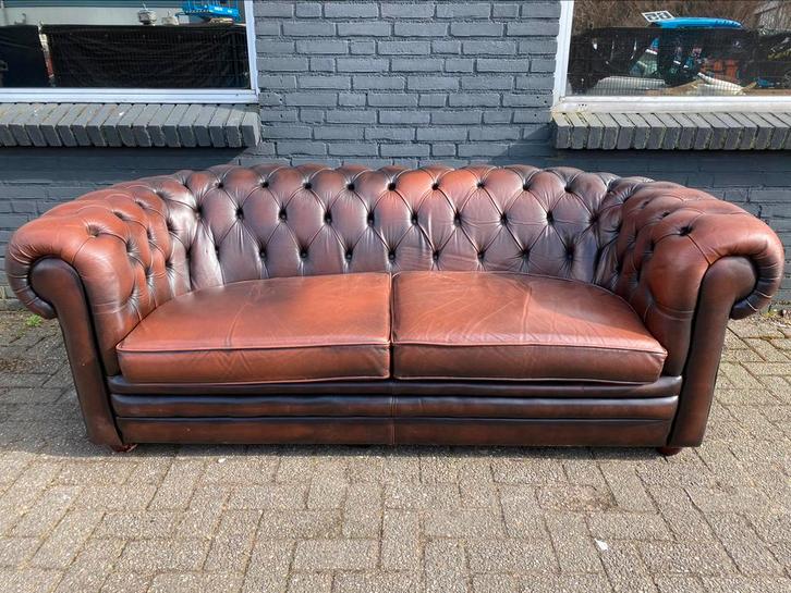 Stoere Chesterfield zetel bruin gevlamd GRATIS GELEVERD, Huis en Inrichting, Zetels | Voetbanken en poefs, Leer, Ophalen of Verzenden