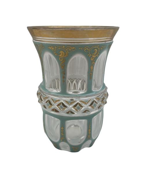 Kleine Boheemse kristallen vaas — 19e eeuw — Groen-blauw, Antiek en Kunst, Antiek | Glaswerk en Kristal, Ophalen of Verzenden
