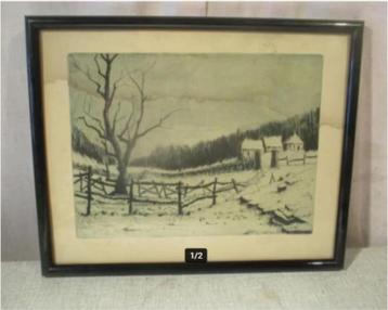 Mooie Ets 'Sneeuw in de Ardennen' - Gesigneerd beschikbaar voor biedingen
