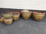 8x bruine terracotta pot bloempot met tekening tuin terras, Tuin en Terras, Ophalen of Verzenden, Terracotta, Tuin