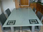mooie sterke glazen tafel 140 /80 cm  4 lederen stoelen, 100 tot 150 cm, Zo goed als nieuw, Vier personen, Rechthoekig