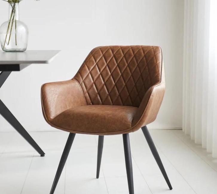 Design Eetkamerstoelen Cognac (4), Huis en Inrichting, Stoelen, Zo goed als nieuw, Stof, Bruin, Ophalen