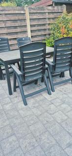 Tuintafel met 4 stoelen met bijpassende kussens, Ophalen, Gebruikt, Rechthoekig, Kunststof