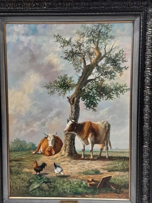 Olie schilderij op doek koeien en kippen, Antiek en Kunst, Kunst | Schilderijen | Klassiek, Ophalen of Verzenden