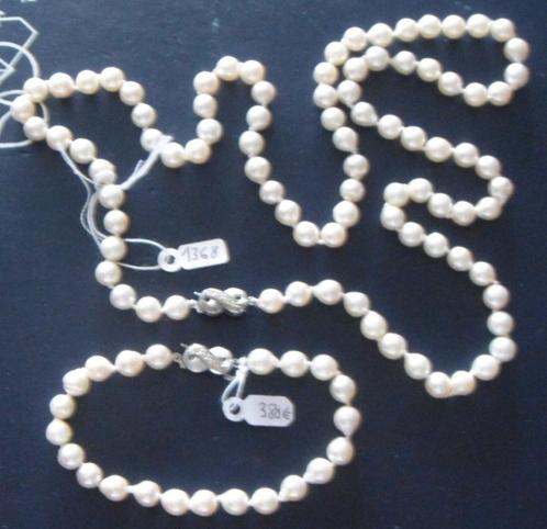 Collier + Bracelet NEUF perles culture fermoir argent/zircon, Handtassen en Accessoires, Kettingen, Nieuw, Steen of Mineraal, Wit