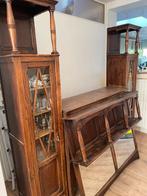 Donkerbruine antieke dressoir/vitrinekast en spiegel, Antiek en Kunst, Ophalen