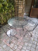 Tuinset smeedijzer met ronde glazen tafel en 4 stoelen, Tuin en Terras, Ophalen, Zo goed als nieuw, Tuinset