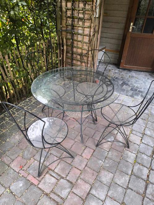 Tuinset smeedijzer met ronde glazen tafel en 4 stoelen, Tuin en Terras, Tuinsets en Loungesets, Zo goed als nieuw, Tuinset, Ophalen