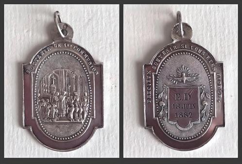 Ancienne médaille en argent souvenir de communion, 1882, Postzegels en Munten, Penningen en Medailles, Zilver