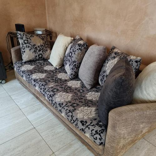 2 Roche Bobois-banken in bruine, zwarte en beige stoffen, Huis en Inrichting, Zetels | Zetels, Gebruikt, Rechte bank, Vierpersoons of meer