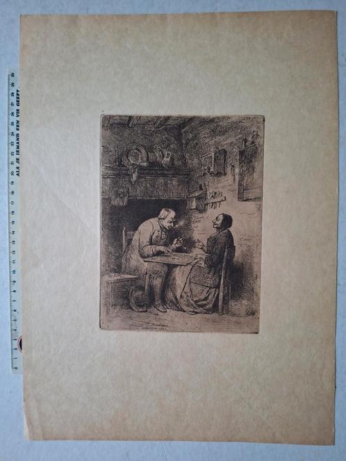 Ets Ferdinand De Braekeleer "Het damspel" uit 1862, Antiek en Kunst, Kunst | Etsen en Gravures, Ophalen of Verzenden