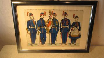 Mooie Oude Gravure 'Klederdracht Franse leger' - 50x36 beschikbaar voor biedingen