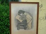 GESIGNEERD LÉON DEVOS HET KLEINE MEISJE IN HOUTSKOOL ZIE FOT, Ophalen of Verzenden