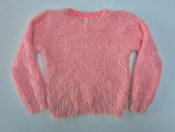 Mt 128 Fluoroze gebreide trui met witte haren, Kinderen en Baby's, Kinderkleding | Maat 128, Zo goed als nieuw, Meisje, Trui of Vest