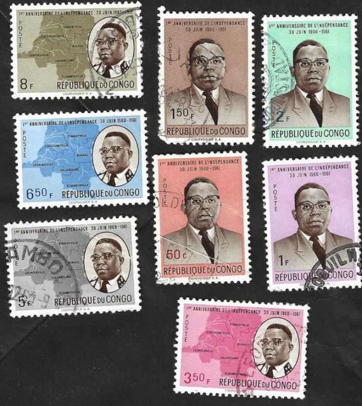 8 Postzegels Rep. Congo 1961- 1 jaar onafhankelijkheid, Postzegels en Munten, Postzegels | Afrika, Gestempeld, Overige landen