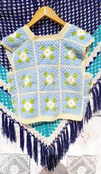 Schattig  Madeliefjesvest uit de jaren 70  (handgemaakt), Fait main, Nieuw, Maat 36 (S), Blauw