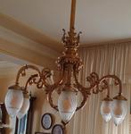 Antieke 6-armige hanglamp vuurverguld., Huis en Inrichting, Ophalen, Gebruikt, Glas