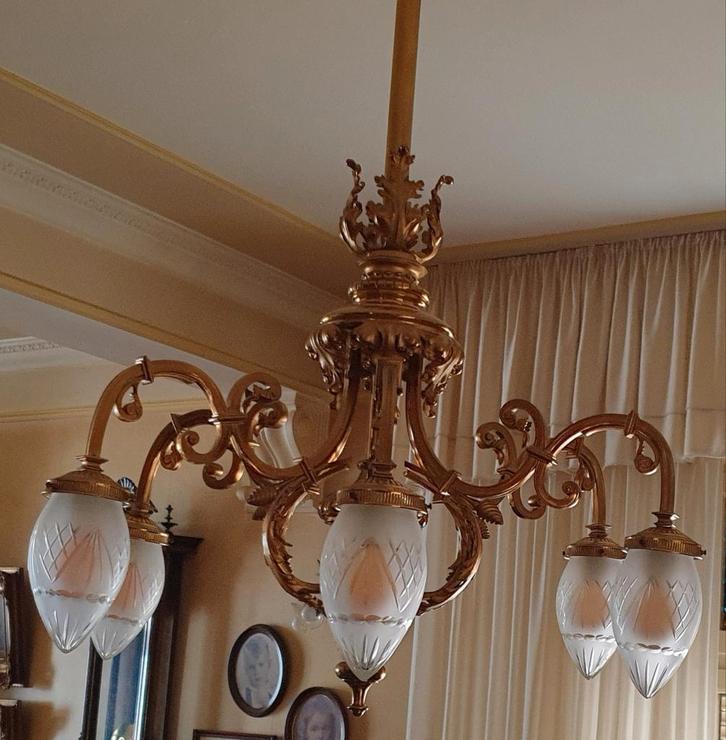 Antieke 6-armige hanglamp vuurverguld., Huis en Inrichting, Lampen | Kroonluchters, Gebruikt, Glas, Metaal, Ophalen