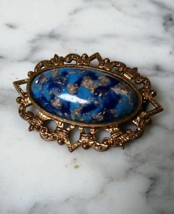  grote vintage broche  blauwe steen ovaal