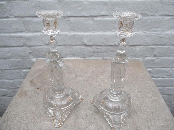 Oud glazen koppel  KANDELAARS, Maison & Meubles, Accessoires pour la Maison | Bougeoirs & Bougies, Utilisé, Chandelier, 25 à 50 cm