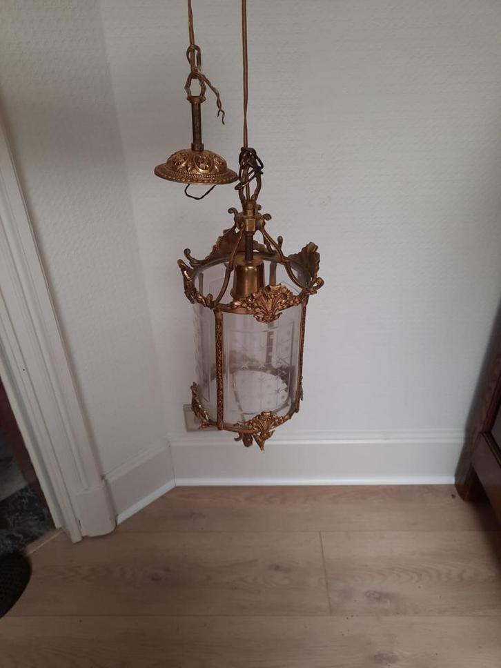 Vintage lantaarn/plafondlamp in geslepen glas, Antiek en Kunst, Antiek | Verlichting, Ophalen