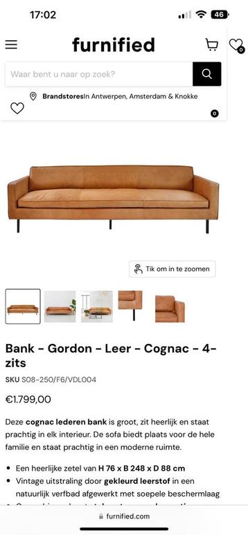 Furnified Bank - Gordon - Leer - Cognac - 4-zits beschikbaar voor biedingen