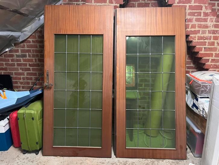 Vintage houten dubbele deur met groen glas, Doe-het-zelf en Bouw, Deuren en Vliegenramen, Gebruikt, Binnendeur, 215 cm of meer
