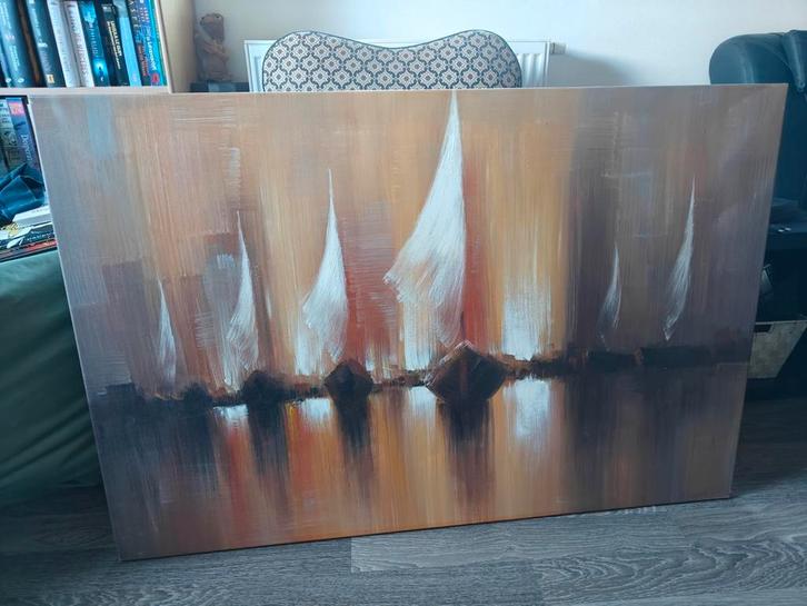 Modern olieverf schilderij -Zeilboten, abstract bruintinten, Antiek en Kunst, Kunst | Schilderijen | Abstract, Ophalen