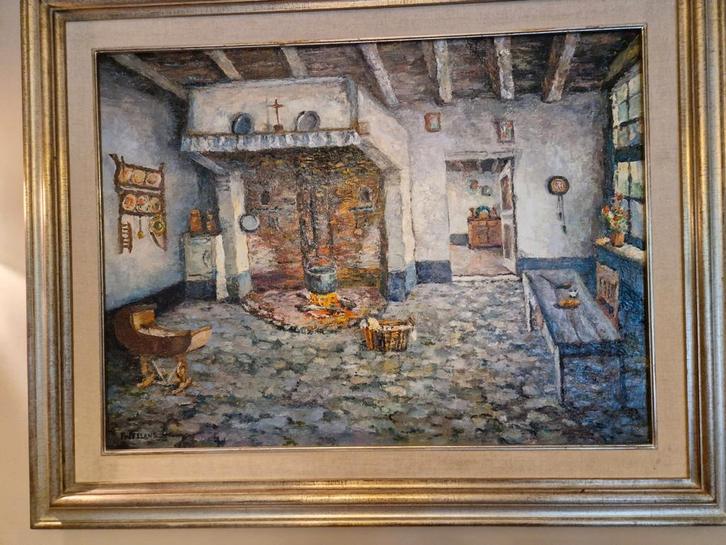 Olie op doek : Irene Wellens " kempisch boereninterieur", Antiek en Kunst, Kunst | Schilderijen | Klassiek, Ophalen