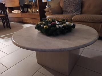 vintage travertin salontafel 90 diameter, Moins de 50 cm, Vintage travertin - jaren 70, Rond, Comme neuf