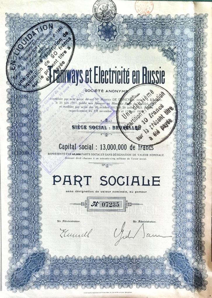 Tramways et Electricité en Russie - part sociale - 1923, Postzegels en Munten, Aandelen en Waardepapieren, Aandeel, 1920 tot 1950