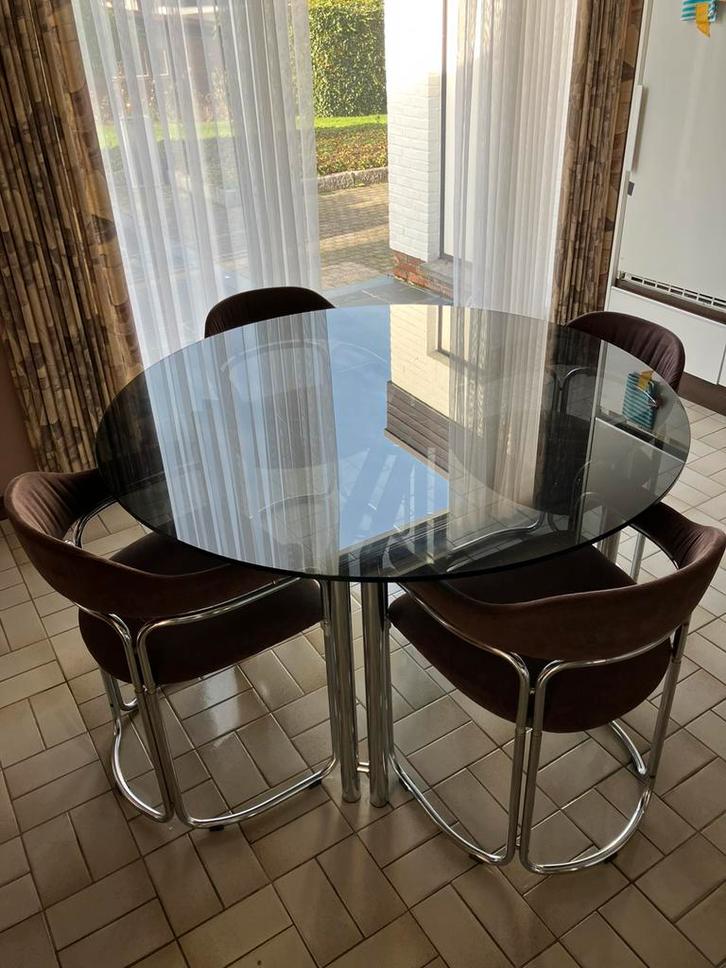 Authentieke ronde keukentafel + vier stoelen, jaren 1970, Huis en Inrichting, Tafels | Eettafels, Gebruikt, Vier personen, Rond