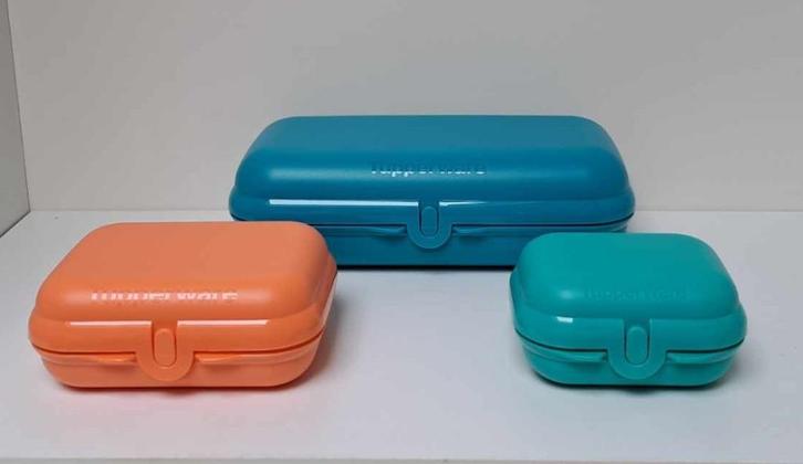 Tupperware™ Trio « Lunchbox en Snackbox » blauw - salmon, Huis en Inrichting, Keuken | Tupperware, Nieuw, Bus of Trommel, Blauw