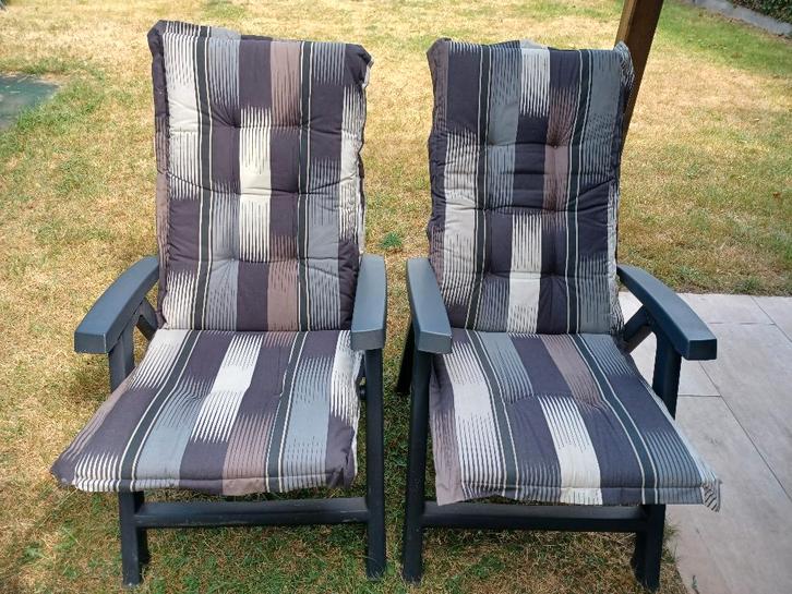 2 verstelbare tuinstoelen met kussen in zeer goede staat, Jardin & Terrasse, Chaises de jardin, Utilisé, Synthétique, Pliant, Enlèvement