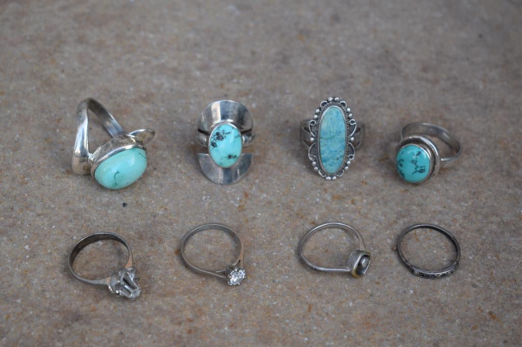 lot 8 anciennes bagues en argent 925 antiquité brocante, Antiquités & Art, Enlèvement ou Envoi