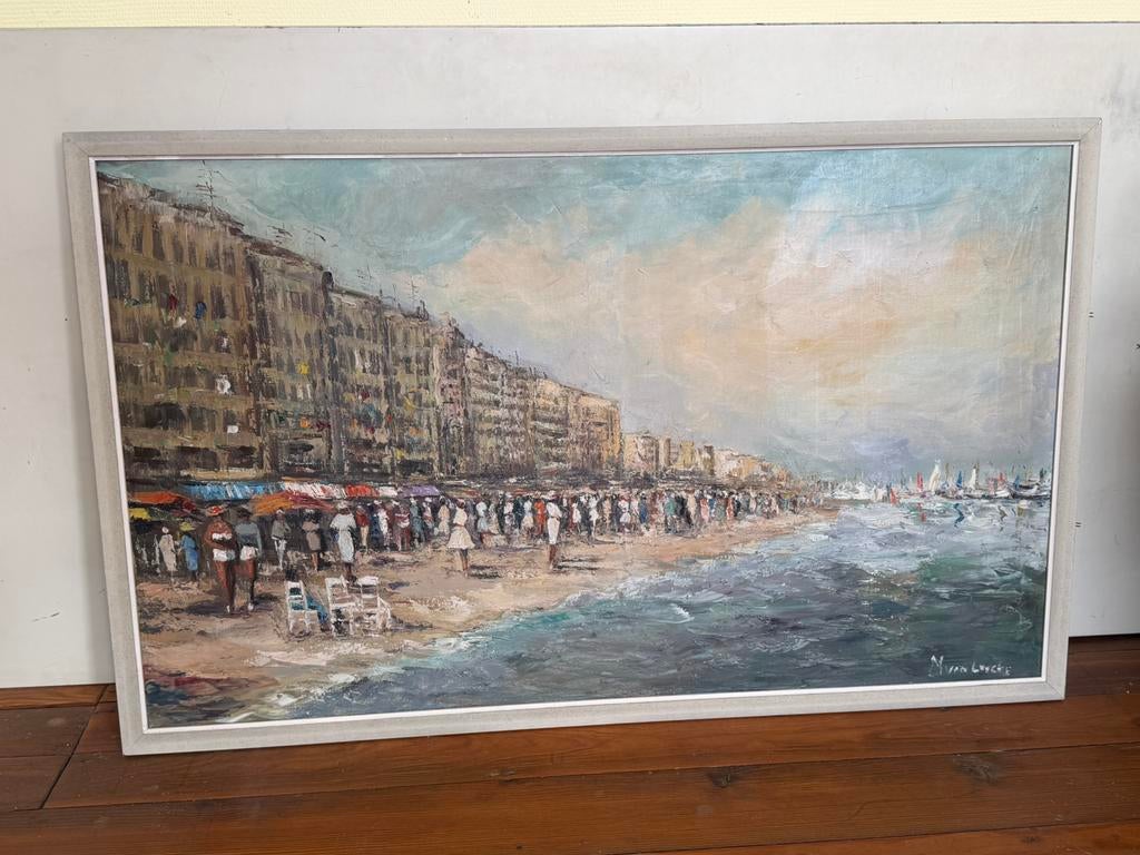 Schilderij - olie op doek - strand op een drukke zomerdag, Ophalen