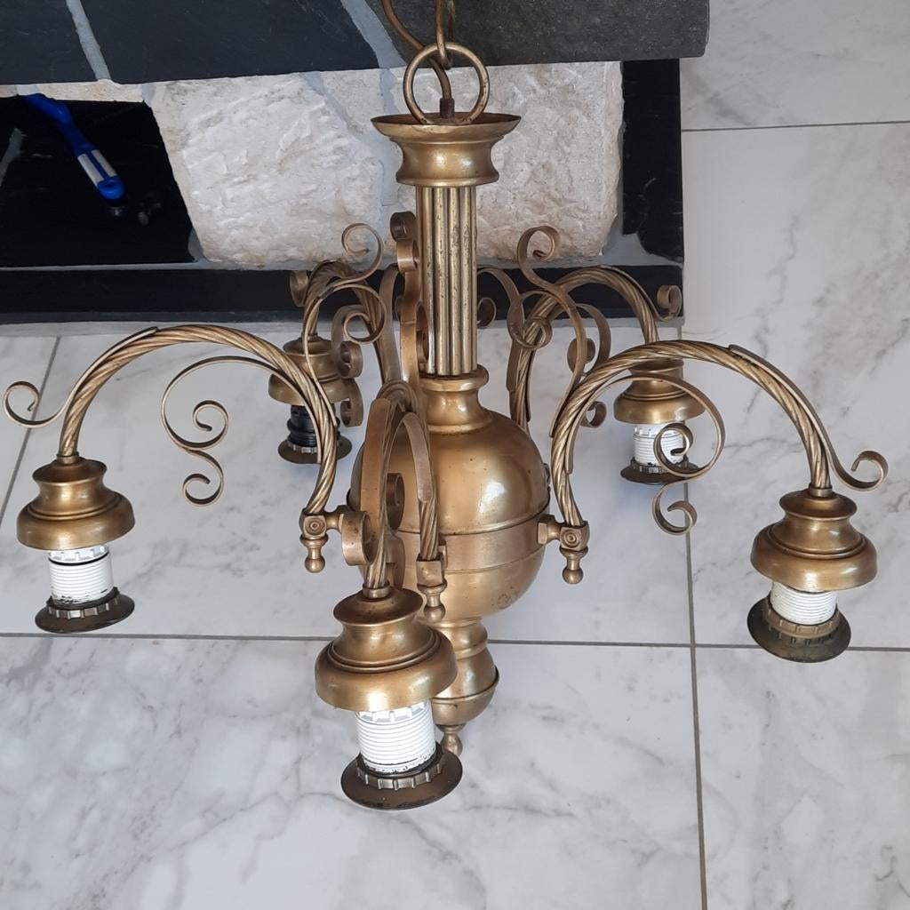 ancien lustre, 5 lampes en bronze, année 1950/60, vintage,, Enlèvement