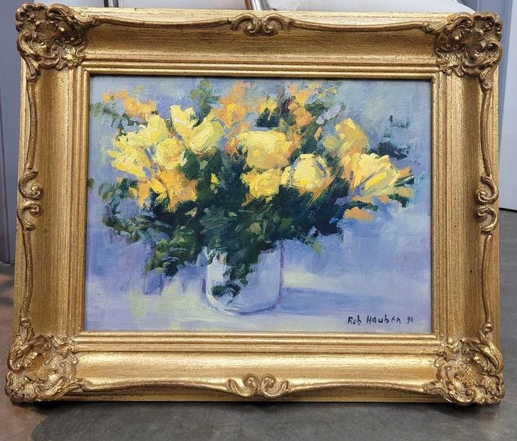 Robert HAUBEN, vaas met gele rozen, Antiek en Kunst, Kunst | Schilderijen | Klassiek, Ophalen of Verzenden