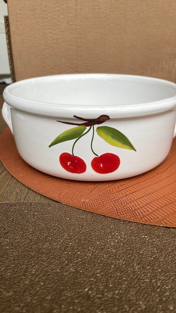Emaille serveerkom met kersenmotief, Antiek en Kunst, Ophalen