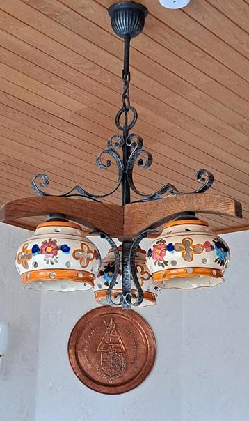 Decoratieve luster met 3 decoratieve potten op houten houder, Enlèvement, Comme neuf